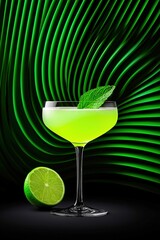 Vibrant green cocktail with mint garnish in a coupe glass, set against a dynamic green abstract background with a fresh lime. Modern mixology and refreshment concept.