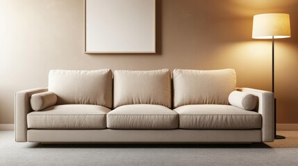 A beige sofa with square armrests and three cushions sits in front of light taupe-colored walls