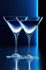 Two sleek martini glasses filled with deep blue cocktails, set against a modern, illuminated blue and black background. Luxury nightlife and mixology concept.