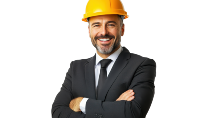 Professional construction manager in formal suit and safety helmet poses confidently in a studio setting
