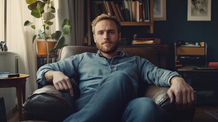 Thoughtful man relaxing in leather armchair at home, with cozy interior and relaxed posture