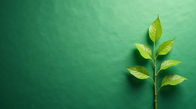 Fundo verde com textura e ramo com folhas verdes no lado direito