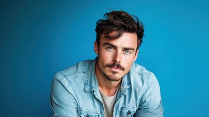 Fototapeta premium Attractive man with blue eyes and stylish hair poses against a blue background, wearing a denim shirt.