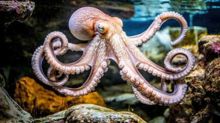 Fototapeta premium Delicate Octopus Camouflaged on Rocky Reef