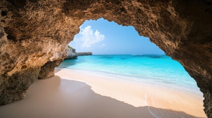 Fototapeta premium Beach scene with turquoise water viewed through a rock cave opening
