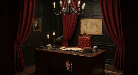 Mysterious Study with Raven Gothic Interior Candlelight and Antique Map