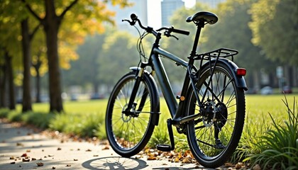 Fototapeta premium Bicycle parked near busy urban park illustrating eco-friendly transport options