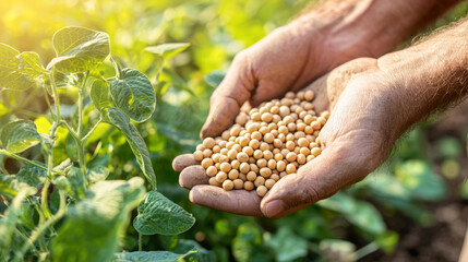 Harvested soybeans in hands, showcasing agricultural work and nature bounty. farmer hands are dirty, reflecting hard work and dedication to farming