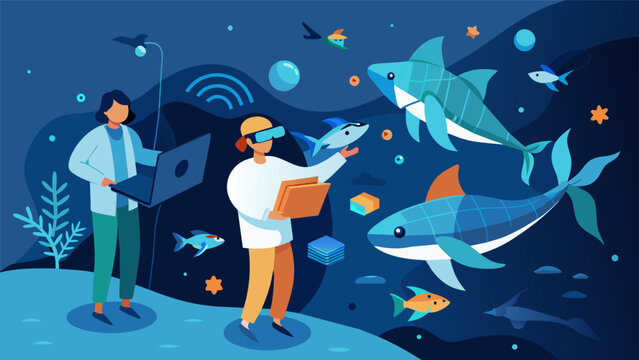 Digital 3D models float against a virtual backdrop of the ocean as scientists use VR technology to visualize ocean currents and their impact on marine life.. Vector illustration