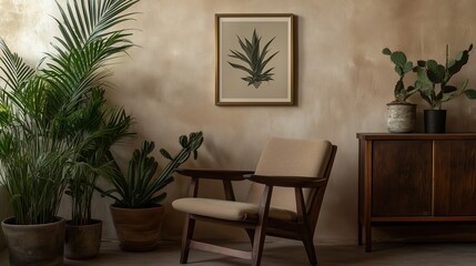 Cozy interior featuring plants and mid-century furniture for a serene atmosphere in natural light