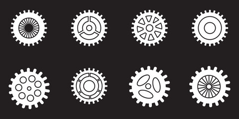 Gear setting vector icon set. Isolated black gears mechanism and cog wheel on white background. Progress or construction concept. Cogwheel icons UI vector.