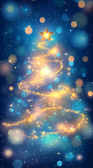 Fototapeta premium Golden light swirls forming abstract pine tree shape, glowing star crowning luminous design against blurred blue holiday backdrop