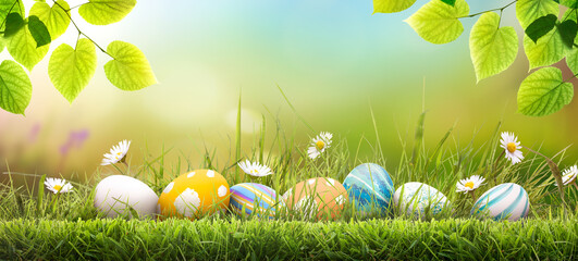 Seven painted easter eggs celebrating a Happy Easter on a spring day with a green grass meadow, bright sunlight, tree leaves and a warm colour background with copy space.