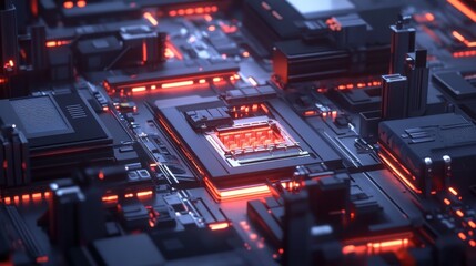 Futuristic Circuit Board with Neon Lights and Abstract Technology Design