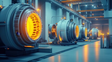 Industrial machinery with glowing components in a modern factory setting