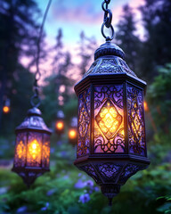 Obraz premium Intricate lanterns hanging in a mystical forest at twilight