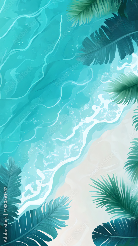 Poster tropical beach with palm trees and turquoise water gently lapping the shore, creating a serene and i