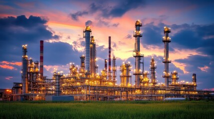 Fototapeta premium Industrial Refinery with Glowing Lights Under Sunset Sky