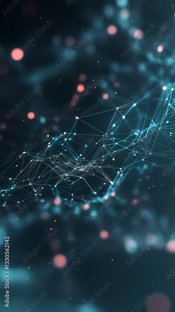Poster Glowing digital network spreading across dark backdrop, interconnecting luminous nodes with intricate plexus lines