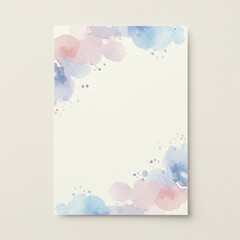 Wedding table number card with soft blue and pink watercolor splashes