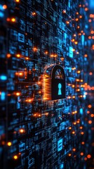 Padlock Icon on Data Circuit Board with Glowing Light. Network Protection Security Concept. Futuristic Digital Technology Background. Server Room Visual.