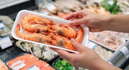Female hand holding fresh shrimp package in seafood market display