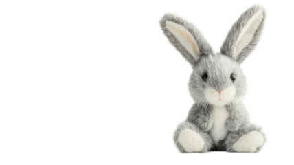 Cute grey plush bunny sitting upright with soft fur and large ears suitable for children's playtime or decoration