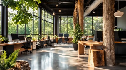 Creative open office space with natural light and greenery designed for productivity and collaboration