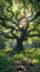 Naklejka premium A massive ancient tree with expansive branches in a forest