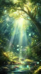 A luminous forest scene with sunbeams and magical butterflies is presented
