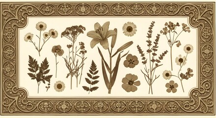 A sepia-toned vintage botanical illustration of pressed flowers surrounded by ornate borders.