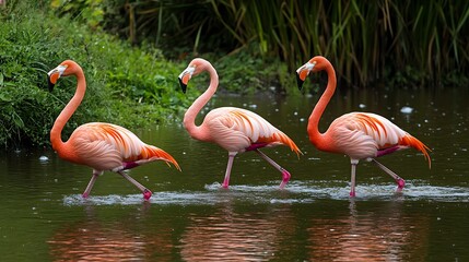 Fototapeta premium Three Pink Flamingos Walking in a Pond