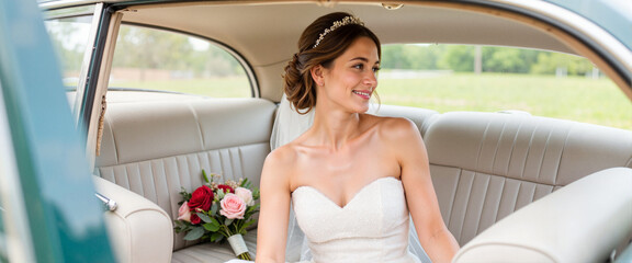 Elegant bride smiling in vintage car interior, wedding day joy
