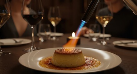 Preparing Cream Caramel Dessert with Flame Torch at Restaurant Table