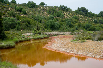view of the Piscinas river and forest besides sand dunes, Arbus, Piscinas, Iglesiente, Ingurtosu. Medio Campidano, Sardinia, Italy