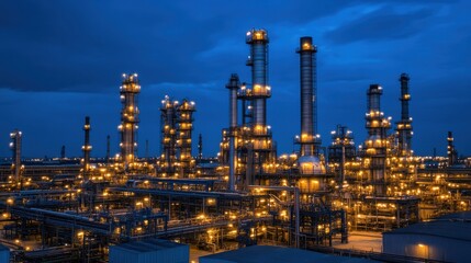 Obraz premium Industrial Complex at Night with Illuminated Stacks and Pipelines