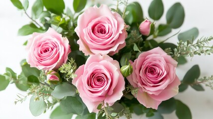 Naklejka premium Elegant pink roses and lush greenery on a white background