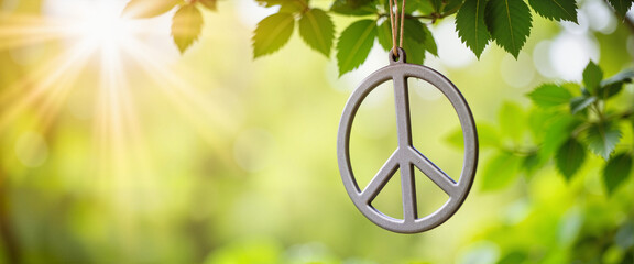 Silver peace symbol hanging from tree branch in sunlight, harmony