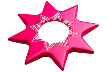 Obraz premium Vibrant Hot Pink Eight-Pointed Star Ring with White Geometric Pattern and Center Cutout on Transparent Background for Decorative Design Element