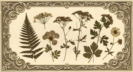 A sepia-toned vintage botanical illustration of pressed flowers surrounded by ornate borders.