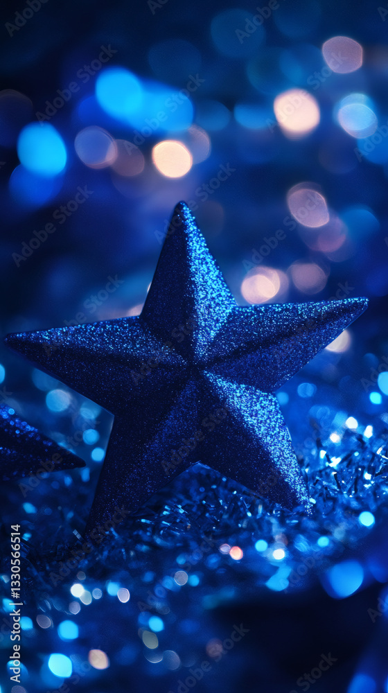 Poster sparkling blue christmas star ornament resting on shimmering tinsel, producing festive mood with sof