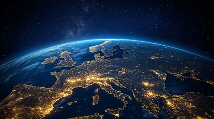 Earth at night glows with light from cities in Europe, including Italy, Germany, Poland, England, Belgium, Turkey, and Moscow, highlighting business and communication on our beautiful blue planet.