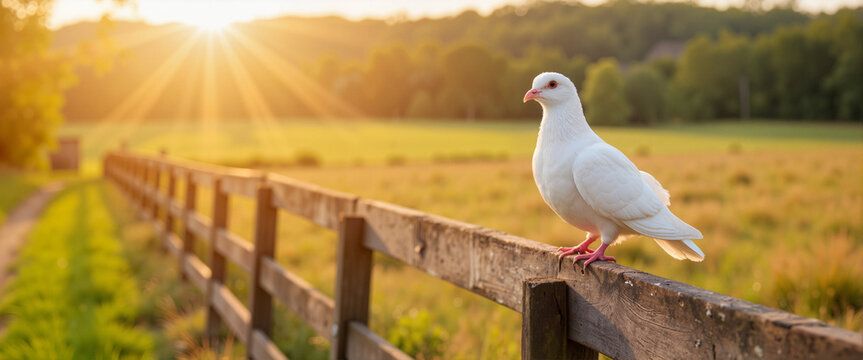 White pigeon perched on wooden fence during golden hour, tranquility