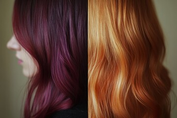 Naklejka premium Split View Hair: Vibrant Burgundy Highlights and Bright Copper Tones with Waves for Fashion and Hairstyling Concepts