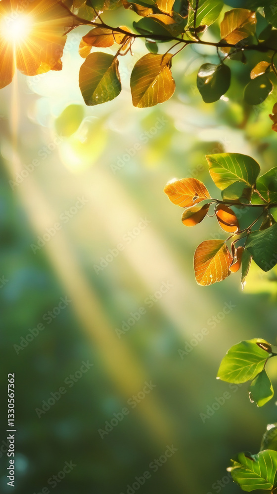 Poster sunlight filtering through verdant foliage, casting soft golden hues and illuminating lush green lan