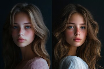 Naklejka premium Beautiful Caucasian Girl Portraits with Freckles and Wavy Hair