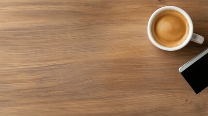 Obraz premium Enjoying a quiet moment with coffee and a journal on a wooden table in the morning light