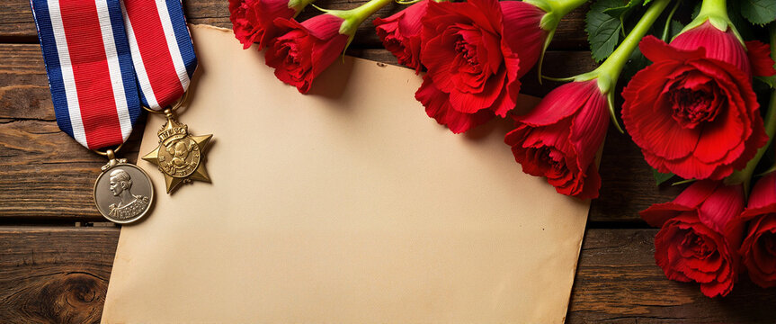 Red carnations and military medals on wooden table, nostalgic tribute