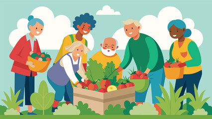 A group of seniors tending to a community garden their green thumbs providing fresh fruits and vegetables for local families in need.. Vector illustration