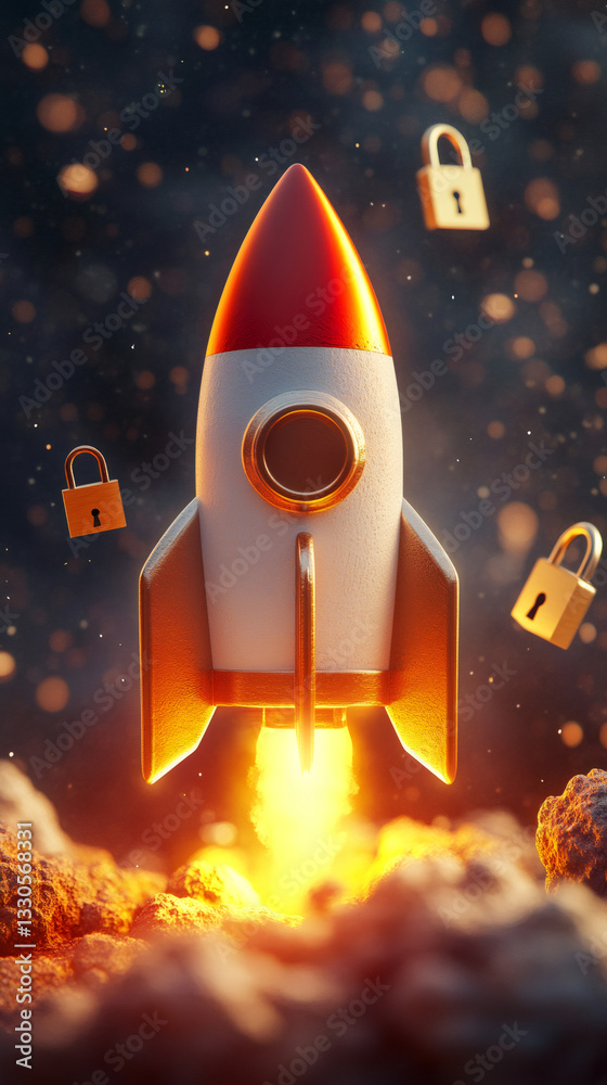 Aufkleber rocket ship launching surrounded by padlocks, representing cybersecurity and data protection in the 